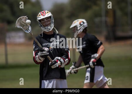 Netanya, Israël. 19 juillet, 2018. Allemagne Les joueurs prennent part à une session de formation au cours de la monde 2018 Lacrosse Championship à l'Orde Wingate Institute pour l'éducation physique et des Sports à Netanya, en Israël, le 19 juillet 2018. Credit : Ilia Efimovitch/dpa/Alamy Live News Banque D'Images