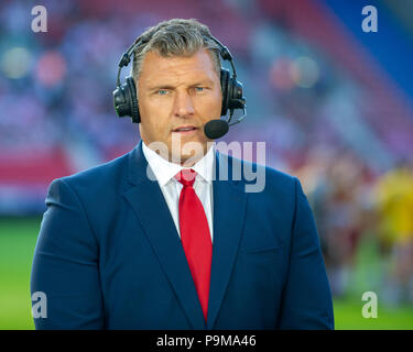 Wigan, UK. 19 JUILLET 2018 , DW Stadium, Wigan, Angleterre ; Betfred Super League, Round 22, Wigan Warriors v St Helens ; ciel présentateur sportif Barrie Mcdermott Crédit : News Images /Alamy Live News Banque D'Images