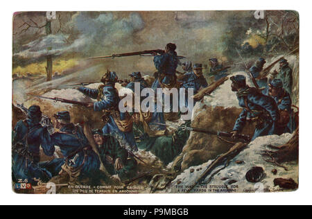 Carte postale historique français : la lutte pour quelques mètres dans l'Argonne. La bataille dans les tranchées dans la forêt. Des soldats allemands morts. La première guerre mondiale Banque D'Images