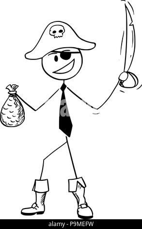 Caricature de l'homme Pirate avec Sabre et sac d'Or Illustration de Vecteur