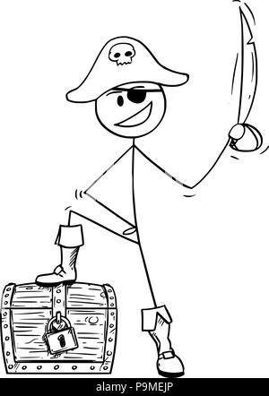 Caricature de pirate avec Sabre et coffre de trésor Illustration de Vecteur