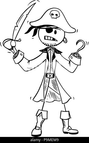 Caricature de capitaine pirate avec Sabre et crochet Illustration de Vecteur