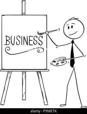 Cartoon of Businessman Holding pinceau et Palette et écrit des mots sur toile Illustration de Vecteur