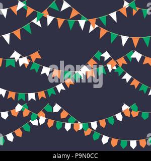 Ensemble de drapeaux célébration avec Garland, chaîne vert, blanc, orange pennons sur fond sombre, le pied et la bannière pour célébration Illustration de Vecteur