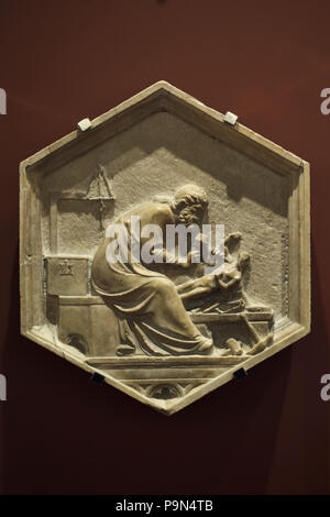 Le grec ancien sculpteur Phidias comme personnification de l'art de la sculpture représentée dans le relief hexagonal par Andrea Pisano sculpteur italien de la Renaissance (1348-1450) à partir de l'hôtel Campanile de Giotto (Campanile de Giotto), maintenant exposée dans le Museo dell'Opera del Duomo (Musée de l'Œuvre de la cathédrale de Florence) à Florence, Toscane, Italie. Banque D'Images