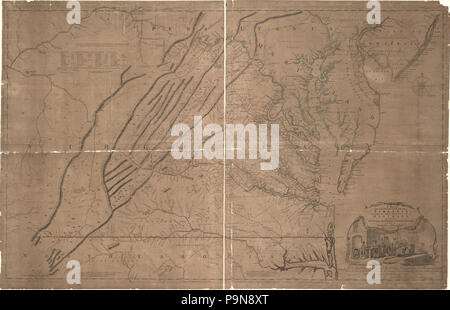 Une carte des plus partie habitée de Virginie contenant la totalité de la province du Maryland avec partie de Pensilvania, New Jersey et la Caroline du Nord. Banque D'Images