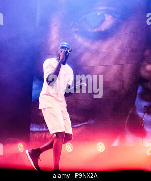 Le Danemark, Roskilde - Juillet 6, 2018. Le rappeur grime Anglais Stormzy effectue un concert live au festival de musique danois Roskilde Festival 2018. (Photo crédit : Gonzales Photo - Flemming Bo Jensen). Banque D'Images