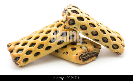 Il a fixé trois pains en treillis avec noix de coco et chocolat isolé sur fond blanc fresh baked Banque D'Images