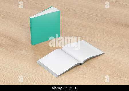 Carré turquoise blanc livres à couverture souple et ouvert l'article sur fond de bois. Isolé avec chemin de découpe autour de chaque livre. 3d illustration Banque D'Images