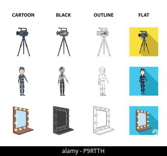 Une caméra, un costume pour les effets spéciaux et d'autres équipements. Faire des films mis en icônes collection cartoon,Black,télévision,contour vectoriel style cote s Illustration de Vecteur