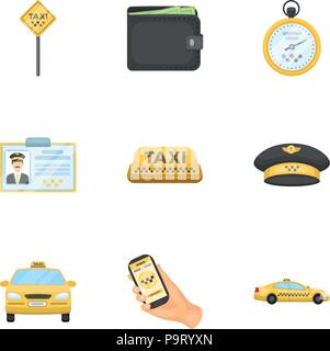 Ensemble d'icônes sur le taxi. Appel d'un chauffeur de taxi, parking gratuit. Transports - autour de la ville.Taxi dans l'icône set collection sur cartoon style vector cote st Illustration de Vecteur