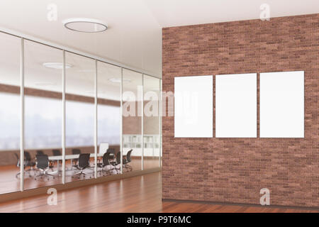 Trois affiches verticales blanches sur le mur dans office interior with clipping path autour de bannière. 3d illustration Banque D'Images