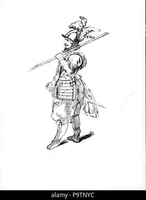 Dessin montrant un pikeman du XVIIe siècle. Tiré du costume des principales Nations d'Europe, par Coke Smyth (vers 1840) Banque D'Images