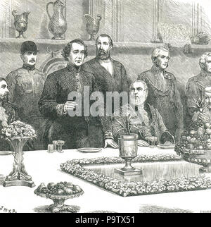 Lord Beaconsfield (Benjamin Disraeli) au banquet du lord-maire de Londres, Guildhall, le 9 novembre 1876. Un discours sur les intérêts britanniques, au milieu faisant état d'atrocités en Bulgarie, et l'Empire Ottoman d'insurrections Banque D'Images