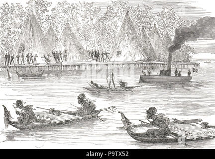 Papous de Humboldt Bay (aujourd'hui l'Yos Sudarso Bay), Guinée, alarmé par le lancement de vapeur HMS Challenger en 1875. L'expédition du Challenger de 1872-76 Banque D'Images