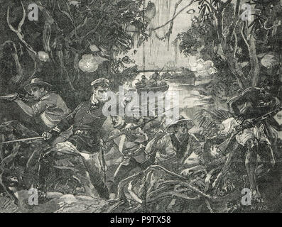 Dégager l'Bluejackets Congo pirates, 1875. Une expédition punitive par la marine britannique, à la suite d'une attaque contre les Britanniques goélette Geraldine Banque D'Images