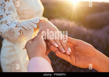 Proposition de mariage dans un champ de lavande. Banque D'Images