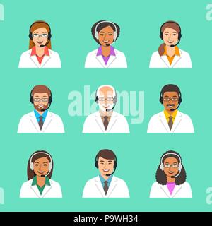 Les médecins avatars avec les casques. Les opérateurs du centre d'appels médicaux . Vector cartoon icônes. Customer care service en ligne. Les assistants de soutien des patients. Les femmes Illustration de Vecteur