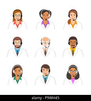 Les médecins avatars avec les casques. Les opérateurs du centre d'appels médicaux . Vector cartoon icônes. Customer care service en ligne. Les assistants de soutien des patients. Les femmes Illustration de Vecteur