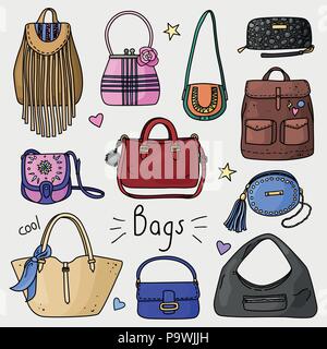 Ensemble d'accessoires pour les femmes à la main. Des sacs. Collection de mode. Doodle couleur illustration. Illustration de Vecteur
