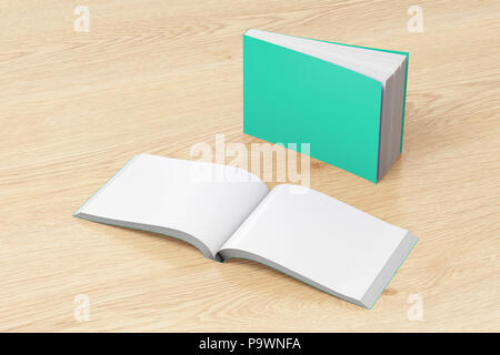 Turquoise Blanc livres à couverture souple horizontal permanent et ouvert sur fond de bois. Isolé avec chemin de découpe autour de chaque livre. 3d illustration Banque D'Images