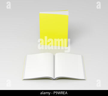 Jaune vertical blanc livres à couverture souple et ouvert debout sur fond blanc. Isolé avec chemin de découpe autour de chaque livre. 3d illustration Banque D'Images