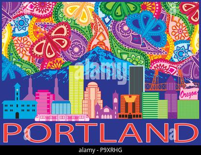 Portland Oregon Contours Silhouette aux toits de la ville de Mount Hood Paisley coloré Motif de fond Illustration Illustration de Vecteur