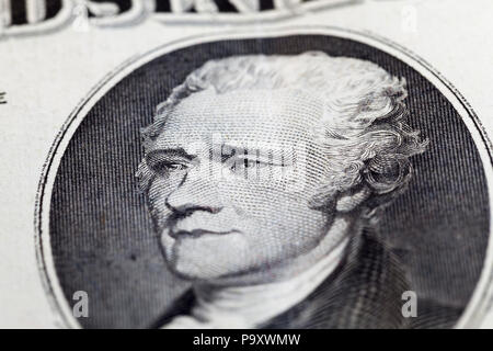 Un portrait du président américain Alexander Hamilton sur l'avers d'un billet de dix dollars américains, un gros plan, un projet de loi a été délivré avant 2003 Banque D'Images