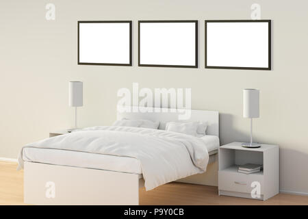 Trois affiches horizontales blanches dans la chambre sur un lit blanc. Isolé avec chemin de détourage autour de l'affiche. 3d illustration Banque D'Images