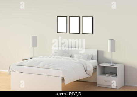 Trois affiches verticales en blanc dans la chambre sur un lit blanc. Isolé avec chemin de détourage autour de l'affiche. 3d illustration Banque D'Images