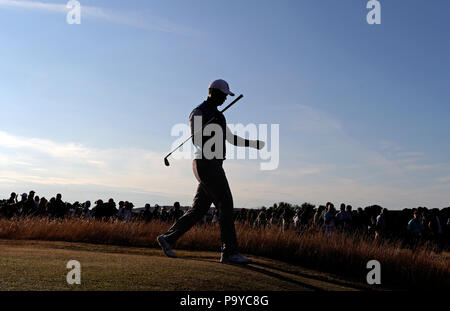 USA's Tiger Woods sur la 15e au cours de la première journée de l'Open Championship 2018 à Carnoustie Golf Links, Angus. Banque D'Images