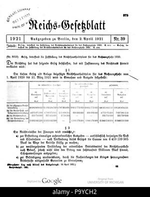 513 039 0375 Reichsgesetzblatt 1921 Deutsches Banque D'Images
