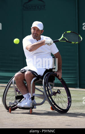 David Wagner, de l'USA (photo) avec son partenaire de double Andy Lapthorne GO du tennis masculin a remporté le double quad v Dylan Alcott, de l'Australie & Lucas Sithole de l'Afrique du Sud dans la compétition en fauteuil roulant à Wimbledon en 2018. Andy Lapthorne & David Wagner a gagné 6-2 6-3. Banque D'Images