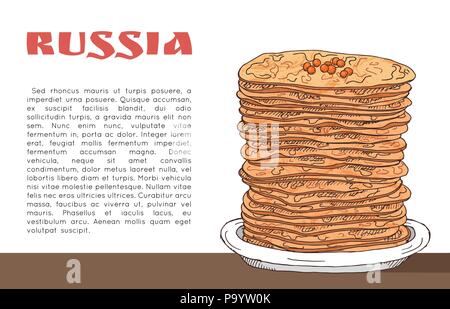 Bannière avec des crêpes avec du caviar rouge sur la table, l'inscription de la Russie et de place pour le texte. La cuisine russe traditionnelle. Hand drawn doodle illustration Illustration de Vecteur