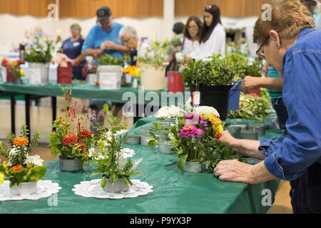 A senior woman travaille sur un arrangement floral, à la foire du comté de Lane à Eugene, Oregon, USA. Banque D'Images