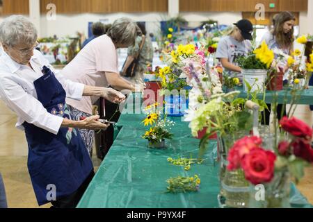 A senior woman travaille sur un arrangement floral, à la foire du comté de Lane à Eugene, Oregon, USA. Banque D'Images