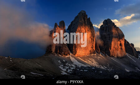 Tre Cime di lavadero au coucher du soleil Banque D'Images