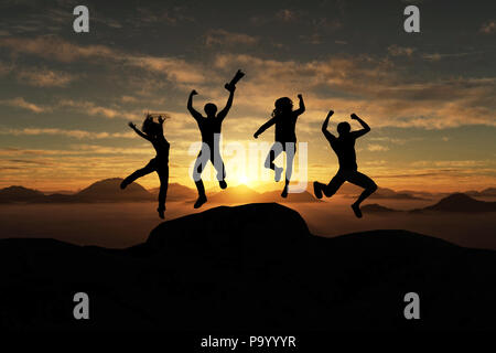 3d illustration de silhouette groupe de voyageurs heureux de sauter sur le haut de la montagne, au coucher du soleil Banque D'Images