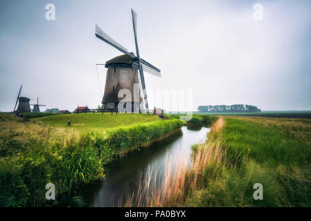 Old Dutch windmills dans matin froid paysage près d'Amsterdam Banque D'Images