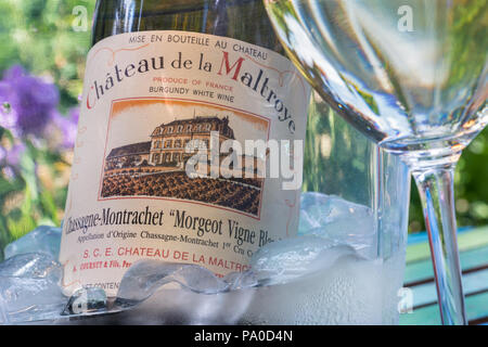 Château de la Maltroye Chassagne-Montrachet 1er cru Bourgogne blanc bouteille de vin dans un seau à glace sur la terrasse ensoleillée avec table en verre de vin France Banque D'Images