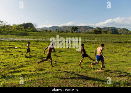 Groupe d'enfants jouant au football dans le champ, Vinales, province de Pinar del Rio, Cuba Banque D'Images