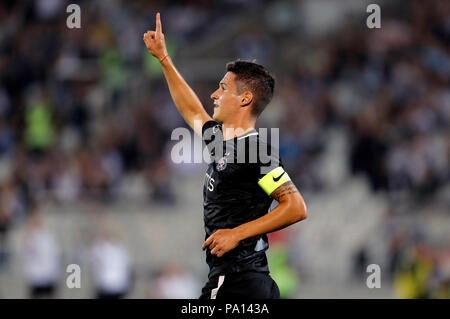 Belgrade. 19 juillet, 2018. Du Partizan Danilo Pantic célèbre après avoir marqué le premier tour de qualification UEFA Europa League match de football entre Rudar et Partizan de Belgrade, Serbie le 19 juillet 2018. Partizan a gagné 3-0. Credit : Predrag Milosavljevic/Xinhua/Alamy Live News Banque D'Images