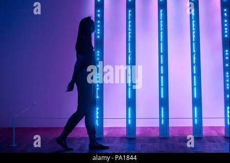 Londres, Royaume-Uni. 20 juillet 2018. Un membre du personnel vues 'BLUE PURPLE TILT', 2007, par Jenny Holzer à l'APERÇU DES CHAMBRES : L'ARTISTE Jenny Holzer à la Tate Modern. L'affichage libre annuel comprend le texte et les installations et des peintures de l'artiste américaine Jenny Holzer et exécute 23 juillet à l'été 2019. Utilisation éditoriale [seulement] Crédit : Stephen Chung / Alamy Live News Banque D'Images