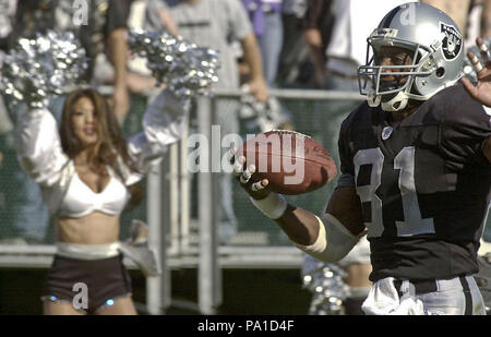 Oakland, Californie, USA. Sep 29, 2002. Oakland Raiders receveur Tim Brown (81) rend le toucher des roues le Dimanche, Septembre 29, 2002, dans la région de Oakland, Californie. Les raiders défait les Titans 52-25. Crédit : Al Golub/ZUMA/Alamy Fil Live News Banque D'Images