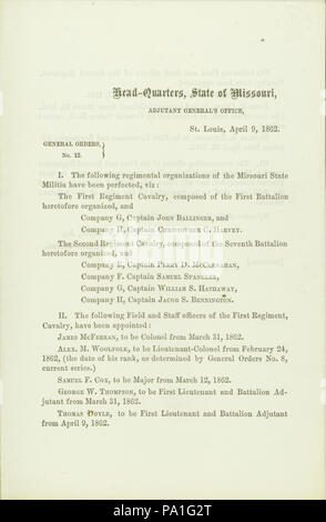 697 Les ordonnances générales, n° 12, de Chester Harding, Jr., adjudant général, Head-Quarters, Etat du Missouri, adjudant général, Saint Louis, le 9 avril 1862 Banque D'Images