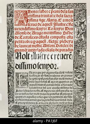 La littérature catalane. 15e siècle. Antoni ou Boteller Boteler. Écrivain et médecin Catalan, probablement de Tortosa. 'Escala de paradis'. Travail ascétique. Couvercle. Edition à Barcelone par Juan Rosemback en 1495. Incunables. La gravure. Banque D'Images