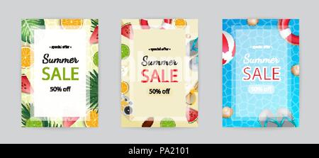 Vente d'été affiche vecteur, modèle de page. Origines de la saison. Cadre tropical avec plage de sable, l'eau, les feuilles et les fruits, de la crème glacée. Illustration de Vecteur