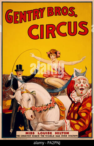 . Circus affiche montrant Louise Hilton perché sur un cheval blanc, à propos de sauter par-dessus un foulard tenu par un clown et un méchant. Texte : 'Gentry Bros Circus. Mlle Louise Hilton, le plus grand pilote que le monde ait jamais connue." 1 imprimez (poster) : chromolithographie ; 105 x 72 cm. Gentry Frères a été un cirque (anciennement un dog & pony show) administré par Henry, Frank, Walter et J. W. Gentry basée à Bloomington, Indiana. Elle existe sous diverses formes, entre 1887 et 1922. Entre 1920 et 1922 702 Gentry Bros Circus affiche présentant Mlle Louise Hilton, 1920-1922 Banque D'Images