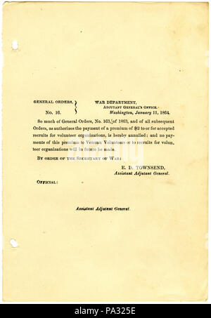 697 Les ordonnances générales, n° 16, ministère de la guerre, l'adjudant-général's Office, Washington, le 11 janvier 1864 Banque D'Images