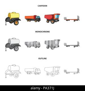 Remorque avec un baril, camion et d'autres appareils agricoles. Jeu de machines agricoles en icônes collection cartoon,style monochrome,contour vector sy Illustration de Vecteur